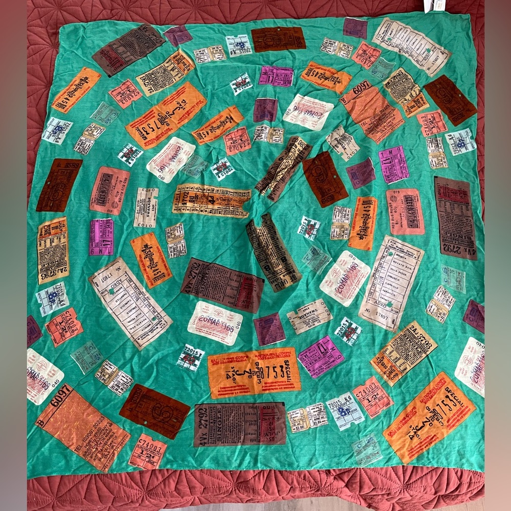 Madewell 1937 Vintage Tickets Travel Scarf Wrap 38x38 Green Retro Modal Cotton